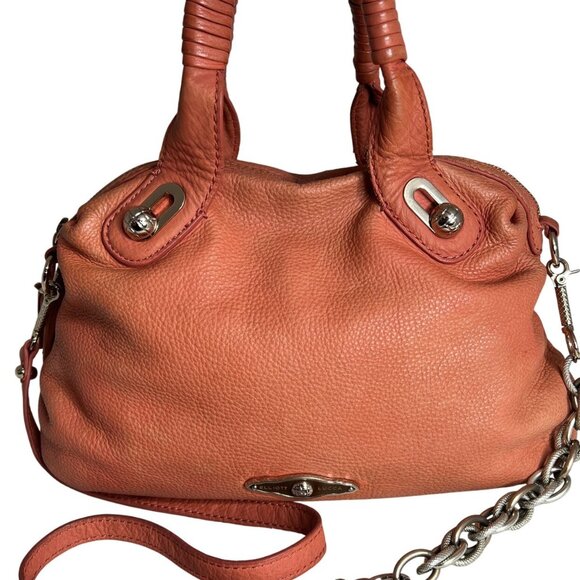 Elliott Lucca Studded Coral Leather Satchel With Chain Strap - Picture 2 of 13